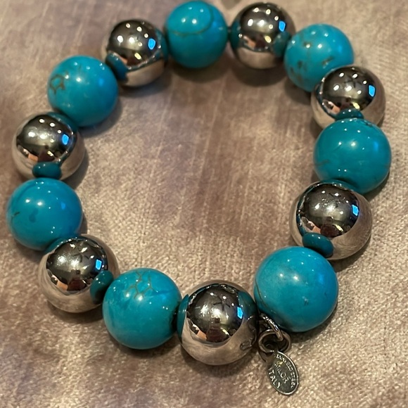 Milor Stainless Steel & Blue Turquoise Ball Bead Bracelet 7-8” Stretch - Picture 1 of 3